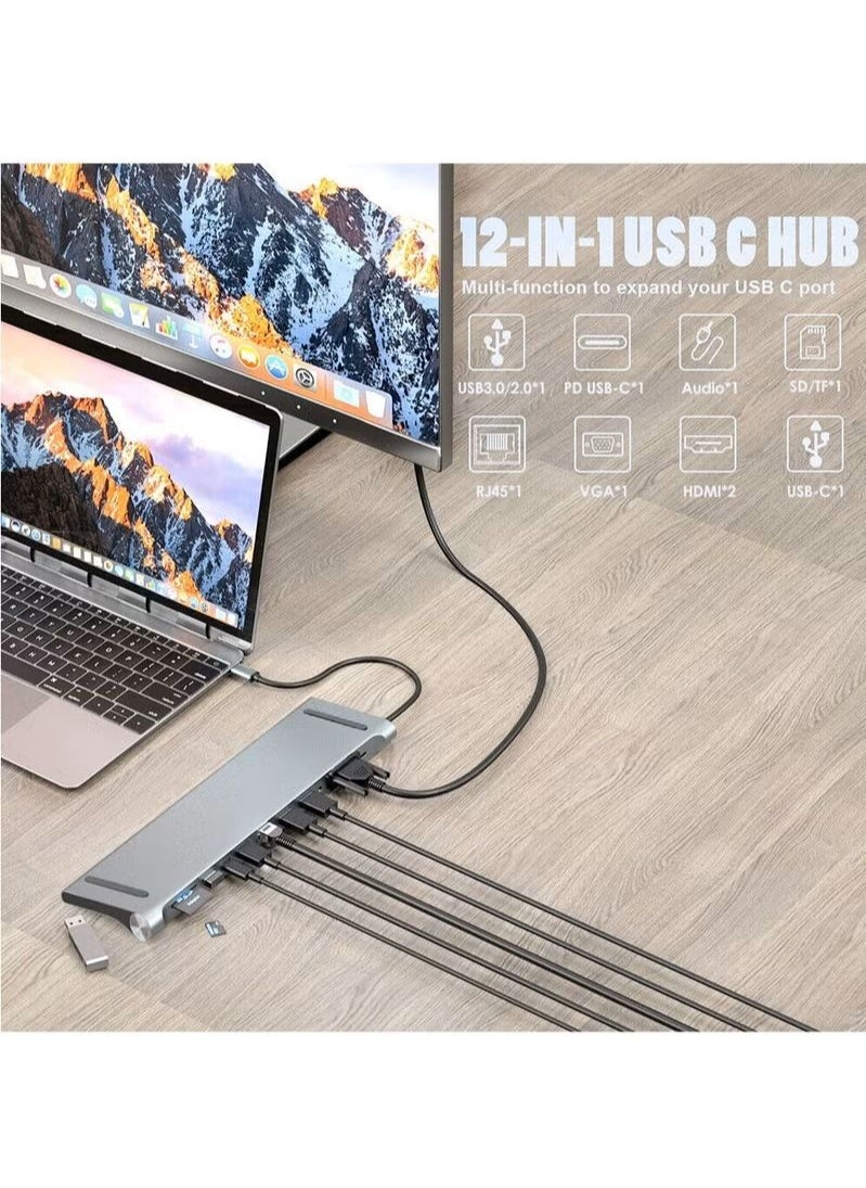 Generic - USB C HUB,USB Type C 12-in-1 Dock, Docking Station USB C, Aluminium C Hub With RJ45 Ethernet, HDMI, VGA, Audio Mic Port, SD/TF Card Reader - Image 1