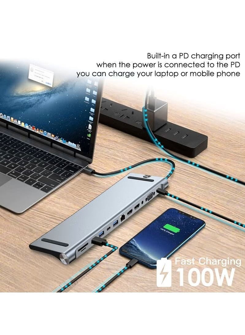 Generic - USB C HUB,USB Type C 12-in-1 Dock, Docking Station USB C, Aluminium C Hub With RJ45 Ethernet, HDMI, VGA, Audio Mic Port, SD/TF Card Reader - Image 1