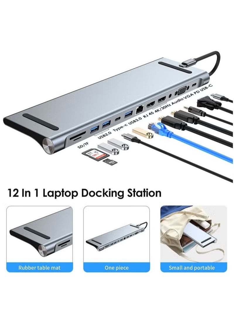 Generic - USB C HUB,USB Type C 12-in-1 Dock, Docking Station USB C, Aluminium C Hub With RJ45 Ethernet, HDMI, VGA, Audio Mic Port, SD/TF Card Reader - Image 1