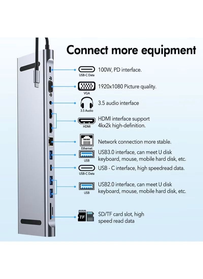 Generic - USB C HUB,USB Type C 12-in-1 Dock, Docking Station USB C, Aluminium C Hub With RJ45 Ethernet, HDMI, VGA, Audio Mic Port, SD/TF Card Reader - Image 1