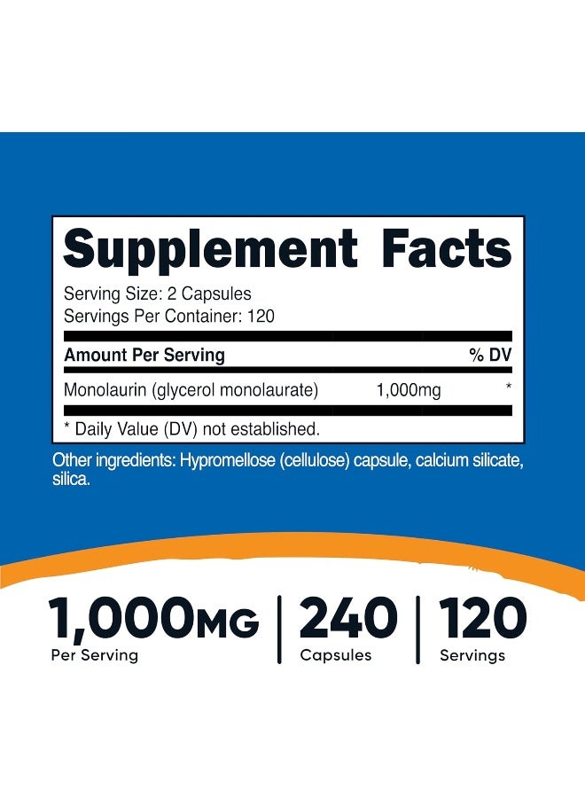 Nutricost نوتريكوست مونو لورين 1000 ملغ (120 حصة، 240 كبسولة) - خالي من الغلوتين، غير معدّل وراثيًا، نباتي - Image 2