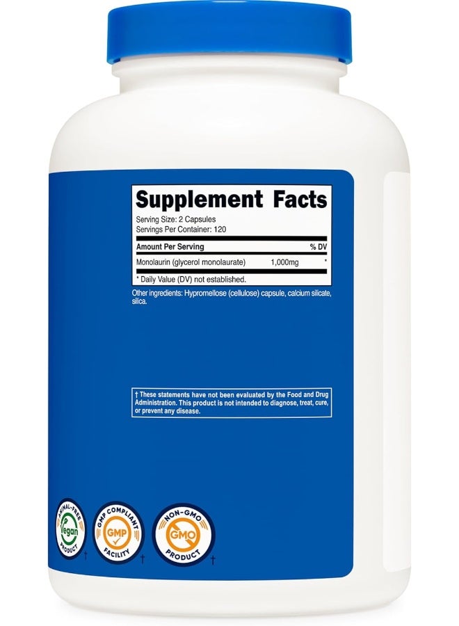 Nutricost نوتريكوست مونو لورين 1000 ملغ (120 حصة، 240 كبسولة) - خالي من الغلوتين، غير معدّل وراثيًا، نباتي - Image 5