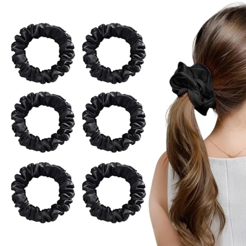 Multibrite Black Satin Scrunchies, No Crease Hair Ties for Thick & Thin Hair, Soft Elastic Hair Rubber, Stretchable Ponytail Holder, Hair Accessories for Women & Girls (Pack of 6) - Image 1