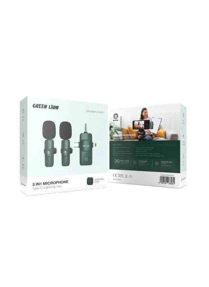 GREEN LION - 3 IN 1 Microphone Type-C / Lightning / Aux / Wireless Transmission / 20 Meter Access / On-the-Go Recording Lavalier Microphone - Green - Image 1