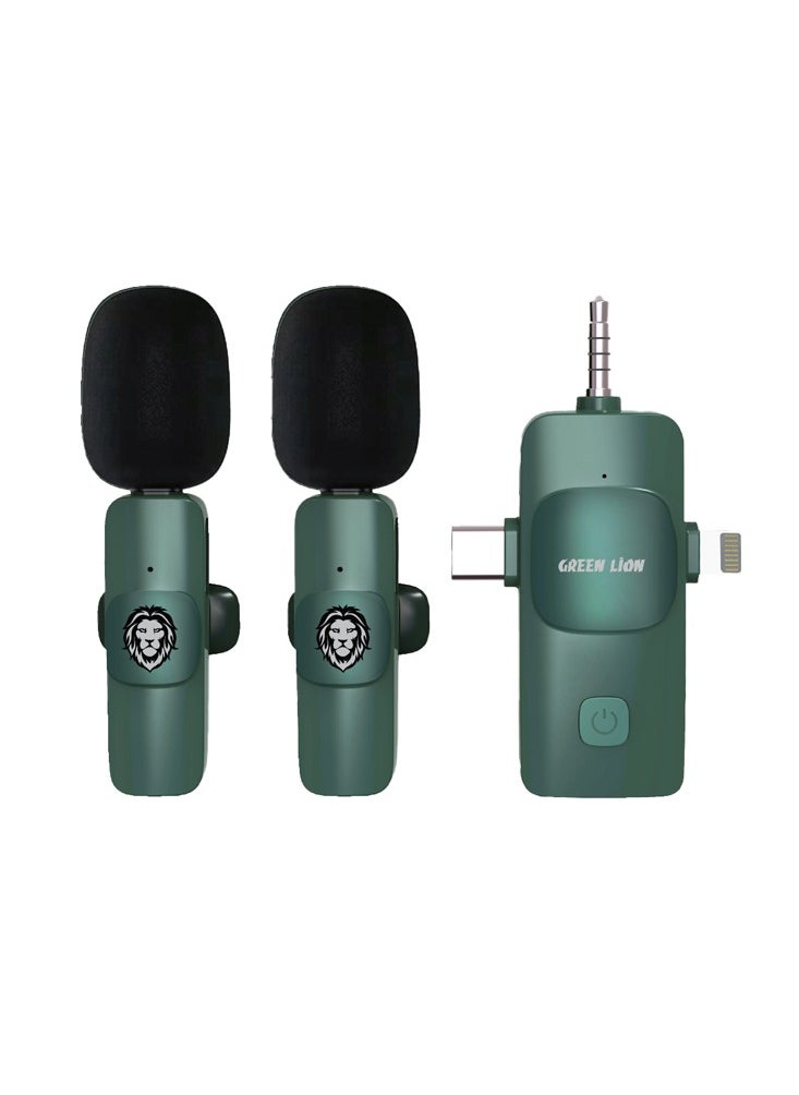 GREEN LION - 3 IN 1 Microphone Type-C / Lightning / Aux / Wireless Transmission / 20 Meter Access / On-the-Go Recording Lavalier Microphone - Green - Image 1