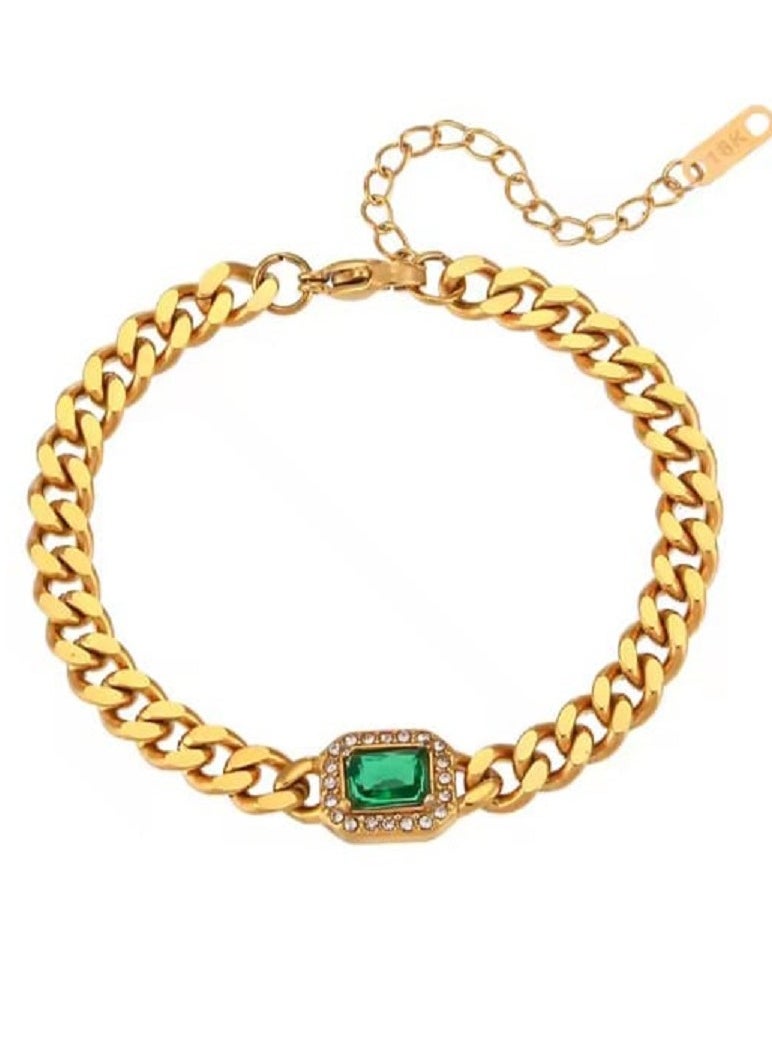 Ward - Women's Wide Bracelet with Shiny Green Stone in Stainless Steel - Image 1