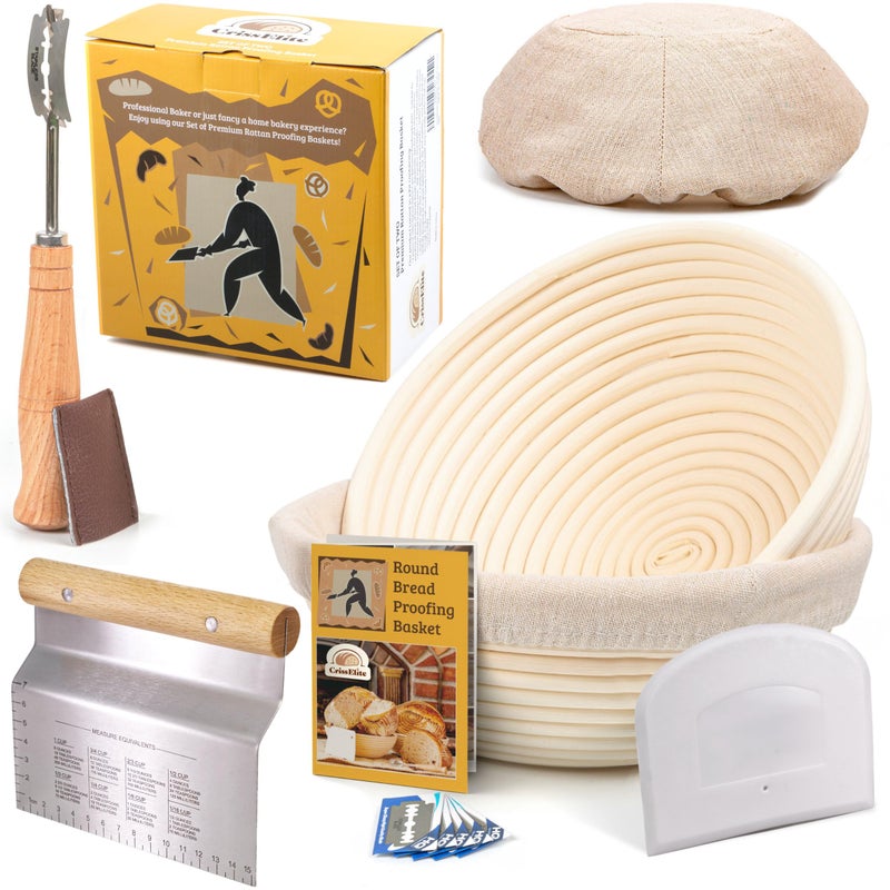 CRISS ELITE CRISS ELITE Sourdough Bread Baking Supplies Starter Kit Banneton Proofing Basket Round 9 Set of 2 Perfect Basket Gift Set 