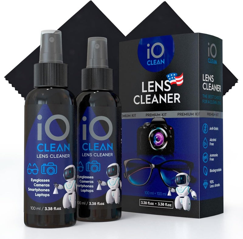 iO CLEAN Eyeglass Lens Cleaner (3.38oz+3.38oz+2cloths) – 2 Bottles - Glasses Cleaner Spray with Cloths, Suitable for Screens, Camera, Laptops, Touchscreens, Other Electronics - Image 1