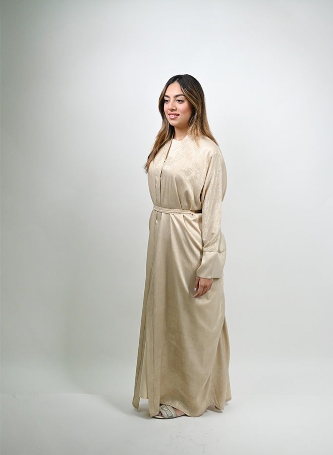 JAMEELA Midnight Glitz Beige Satin Foil Abaya - Image 2