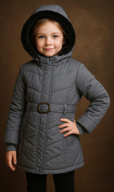 CAPICHINO Girls’ Hooded Winter Jacket – Warm Quilted Puffer Coat with Belt, Water-Resistant Outerwear for Cold Weather (Grey,8-9 Years) - Image 3