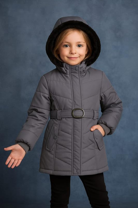 CAPICHINO Girls’ Hooded Winter Jacket – Warm Quilted Puffer Coat with Belt, Water-Resistant Outerwear for Cold Weather (Grey,8-9 Years) - Image 2