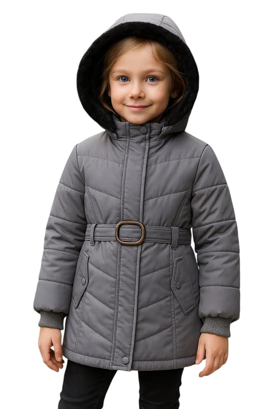 CAPICHINO Girls’ Hooded Winter Jacket – Warm Quilted Puffer Coat with Belt, Water-Resistant Outerwear for Cold Weather (Grey,8-9 Years) - Image 4