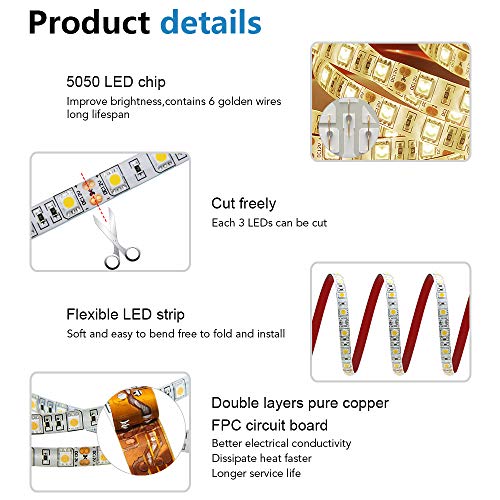 ALITOVE 16.4ft Warm White 3500K 5050 SMD LED Flexible Strip Ribbon Light 5M 300 LEDs Waterproof IP65 DC 12V for Home Garden Commercial Area and Festival Lighting - Image 3