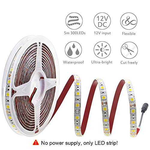 ALITOVE 16.4ft Warm White 3500K 5050 SMD LED Flexible Strip Ribbon Light 5M 300 LEDs Waterproof IP65 DC 12V for Home Garden Commercial Area and Festival Lighting - Image 2