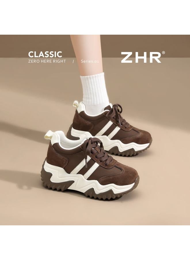 Zhr Zez Thick Sole 8cm Height Increasing Women's Shoes Retro Lightweight Versatile Sports Dad Shoes Ks99 Coffee Color Size 39 - Image 1