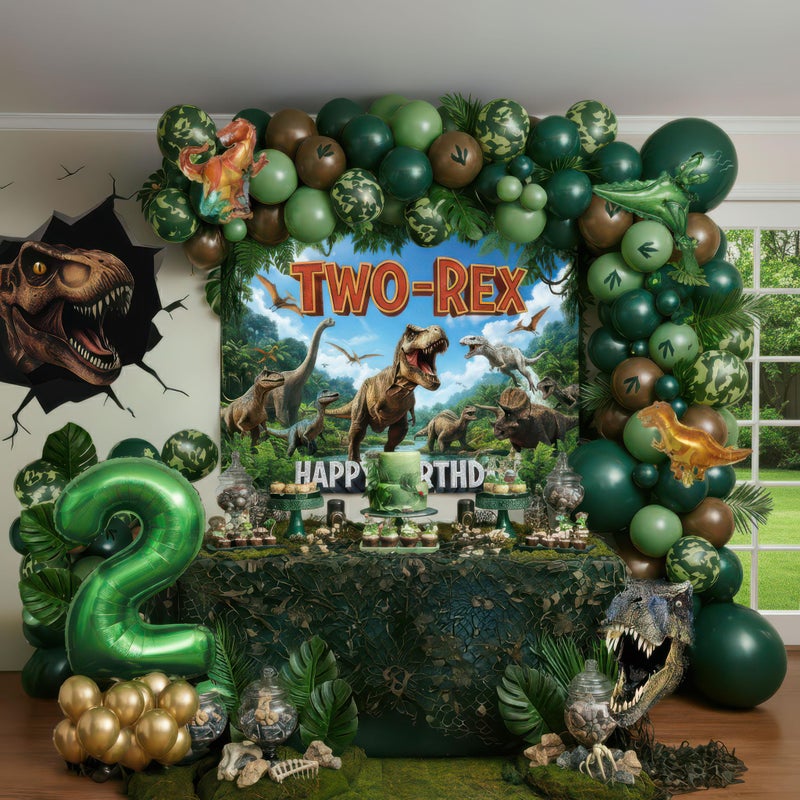 kozee TWO-Rex Dinosaur Birthday Decorations include Hunter Green Brown Gold balloon arch & small Dino Foil balloons & backdrop & footprint stickers for Kids Boys Jungle Safari Dino 2rd Party Supplies - Image 1