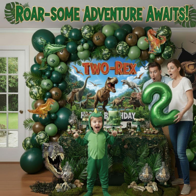 kozee TWO-Rex Dinosaur Birthday Decorations include Hunter Green Brown Gold balloon arch & small Dino Foil balloons & backdrop & footprint stickers for Kids Boys Jungle Safari Dino 2rd Party Supplies - Image 3