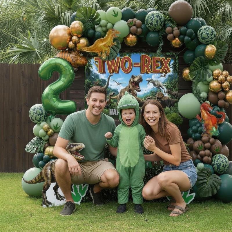 kozee TWO-Rex Dinosaur Birthday Decorations include Hunter Green Brown Gold balloon arch & small Dino Foil balloons & backdrop & footprint stickers for Kids Boys Jungle Safari Dino 2rd Party Supplies - Image 2