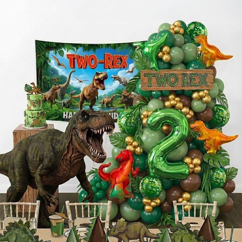 kozee TWO-Rex Dinosaur Birthday Decorations include Hunter Green Brown Gold balloon arch & small Dino Foil balloons & backdrop & footprint stickers for Kids Boys Jungle Safari Dino 2rd Party Supplies - Image 5