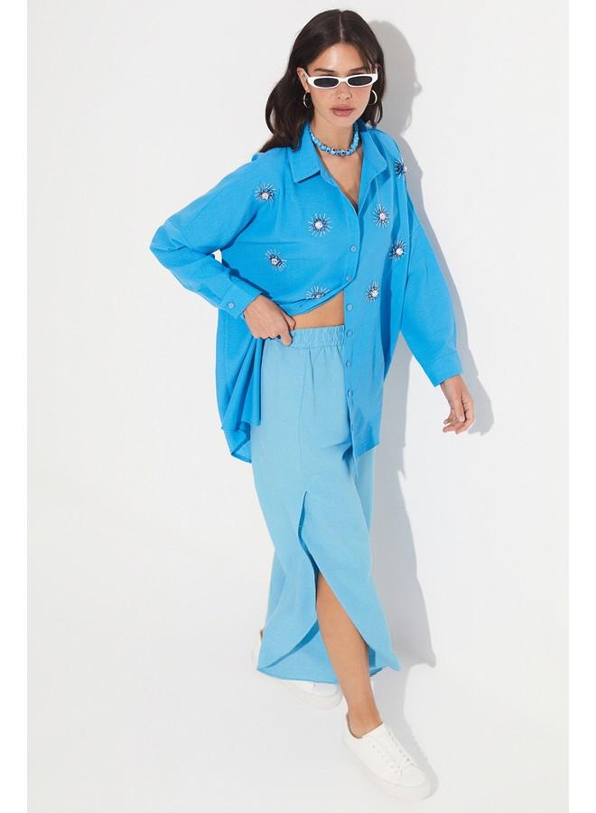 جون بنطلون جينز أزرق فاتح بفتحة جانبية مفصلة - Image 2