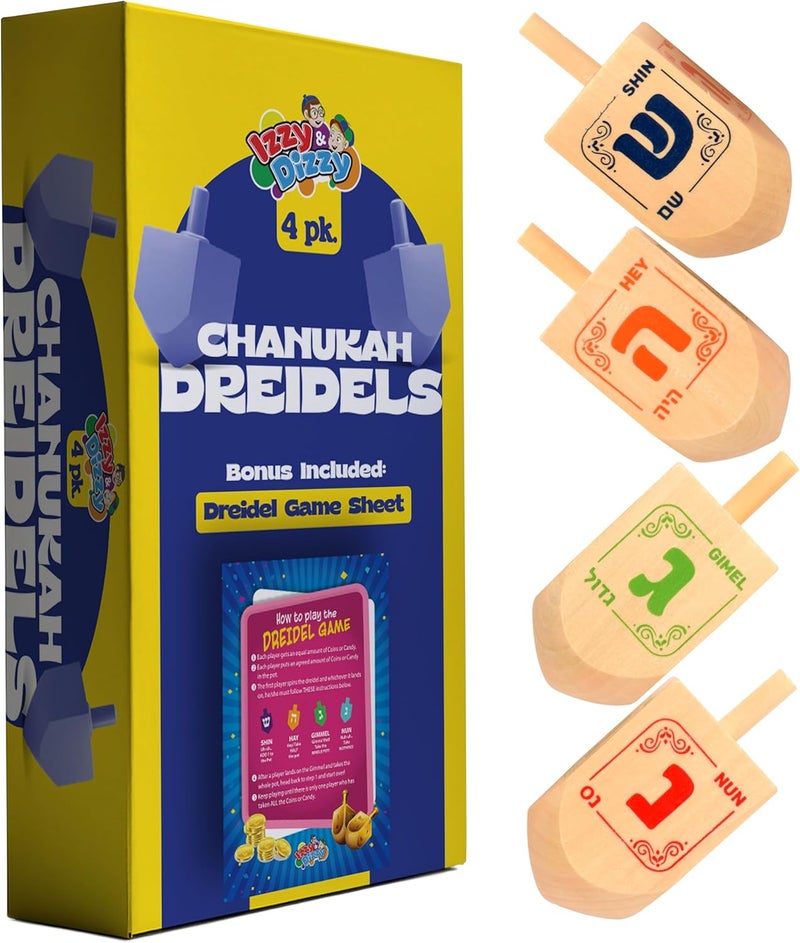 Izzy 'n' Dizzy Hanukkah Natural Wooden Dreidel (Pack of 4) - Medium - Image 1