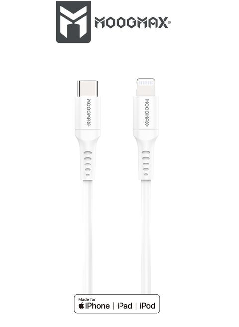 Type-C to lightning plastic charging and sync cable 1M supports fast charging certificated from Apple MFI. White from Moogmax