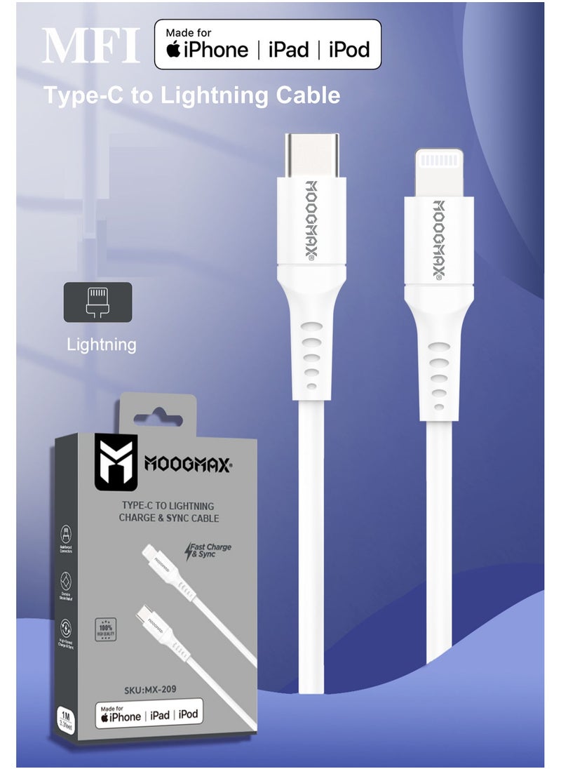 Generic - Type-C to lightning plastic charging and sync cable 1M supports fast charging certificated from Apple MFI. White from Moogmax - Image 1