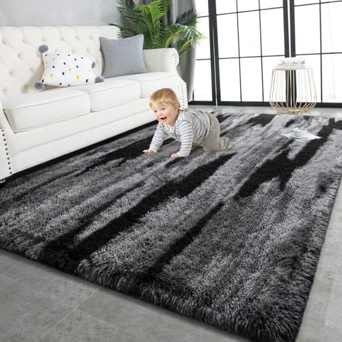 TWINNIS Super Soft Shaggy Rugs Fluffy Carpets 5x8 Feet Indoor Modern Plush Area Rugs for Living Room Bedroom Kids Room Nursery Home Decor Upgrade AntiSkid Rectangular Fuzzy Rug Black Gray - Image 1