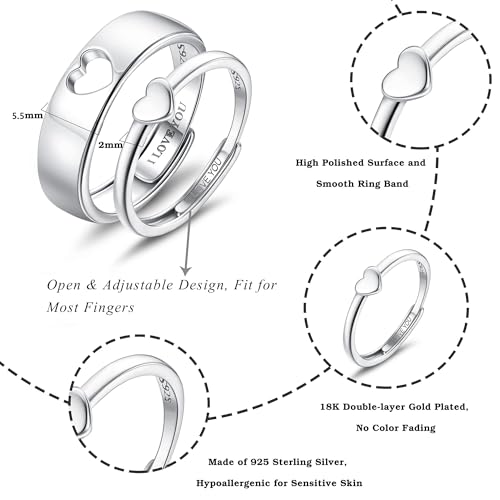 MILACOLATO Matching Rings for Couples 925 Sterling Silver Adjustable Matching Heart Promise Ring I Love You Engagement Wedding Ring for Him and Her Valentines Day Gifts - Image 3