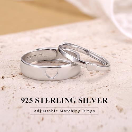 MILACOLATO Matching Rings for Couples 925 Sterling Silver Adjustable Matching Heart Promise Ring I Love You Engagement Wedding Ring for Him and Her Valentines Day Gifts - Image 4