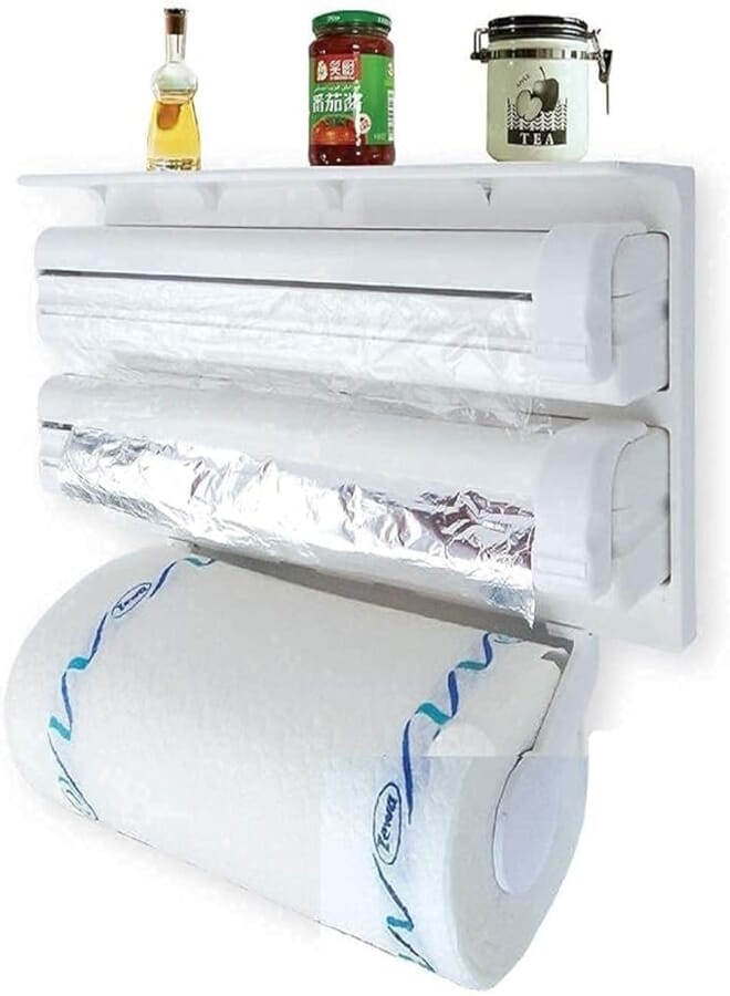 RYLAN 3 in 1 Wrap Center Holds Silver Foil, Plastic Wrap, and Paper Towels / 3 in 1 Kitchen Triple Paper Dispenser & Holder Paper/Foil/Cling Wrap