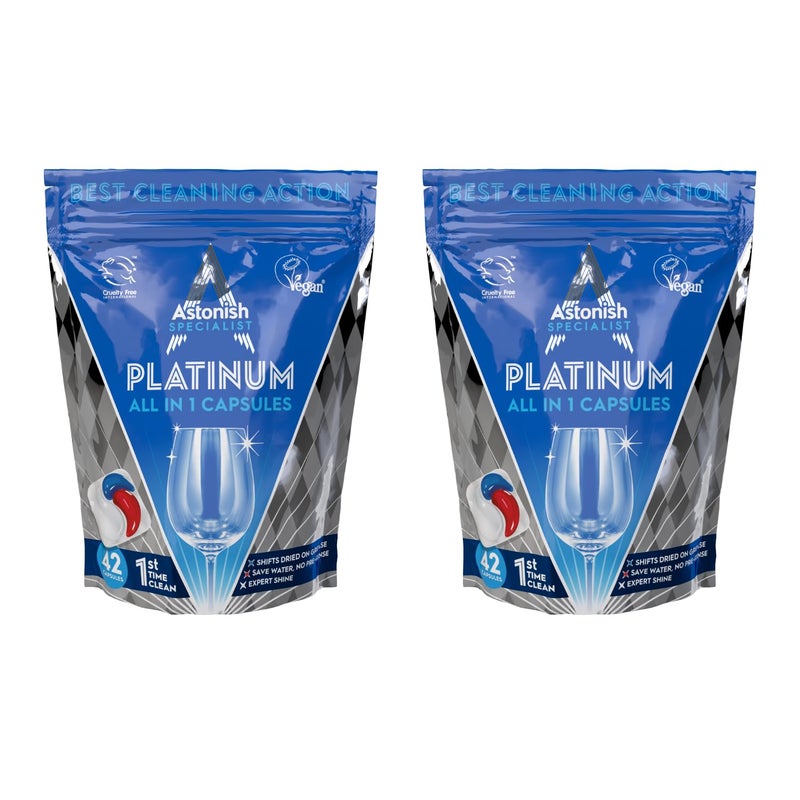 أستونيش كبسولات غسالة الأطباق Astonish Specialist Platinum الكل في 1 القوية للتنظيف - تتحول إلى دهون مجففة - بدون شطف مسبق - لمعان خبير - ملح مدمج ومساعد شطف - عطر الليمون - عبوة متعددة مكونة من قطعتين - Image 1