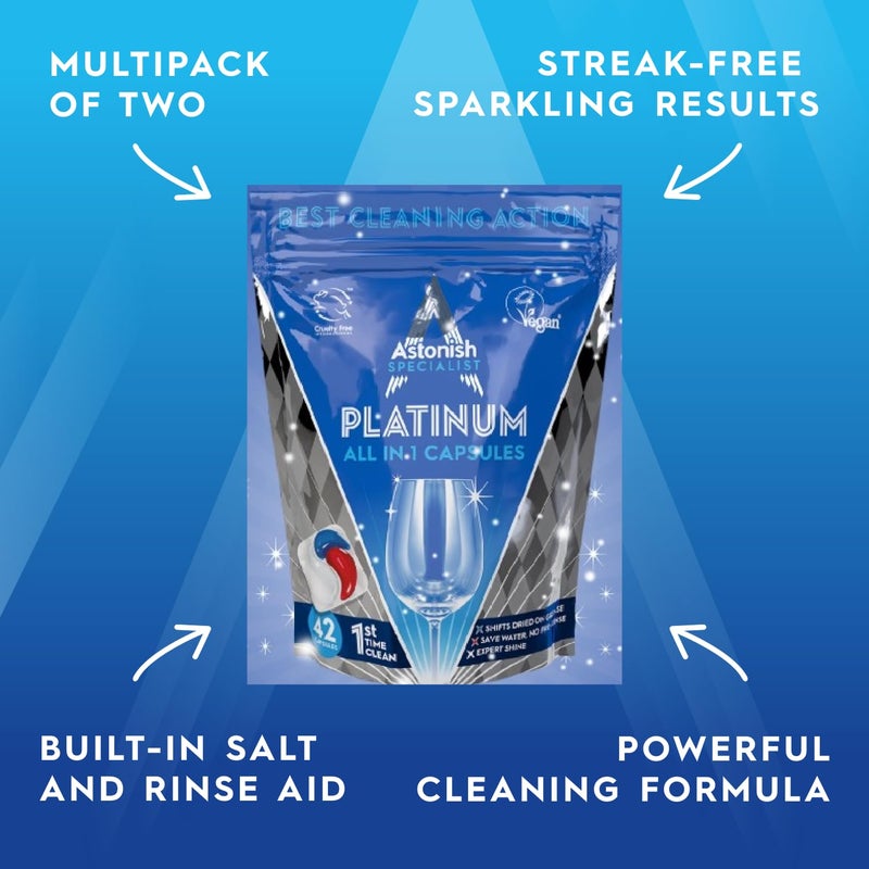 أستونيش كبسولات غسالة الأطباق Astonish Specialist Platinum الكل في 1 القوية للتنظيف - تتحول إلى دهون مجففة - بدون شطف مسبق - لمعان خبير - ملح مدمج ومساعد شطف - عطر الليمون - عبوة متعددة مكونة من قطعتين - Image 4