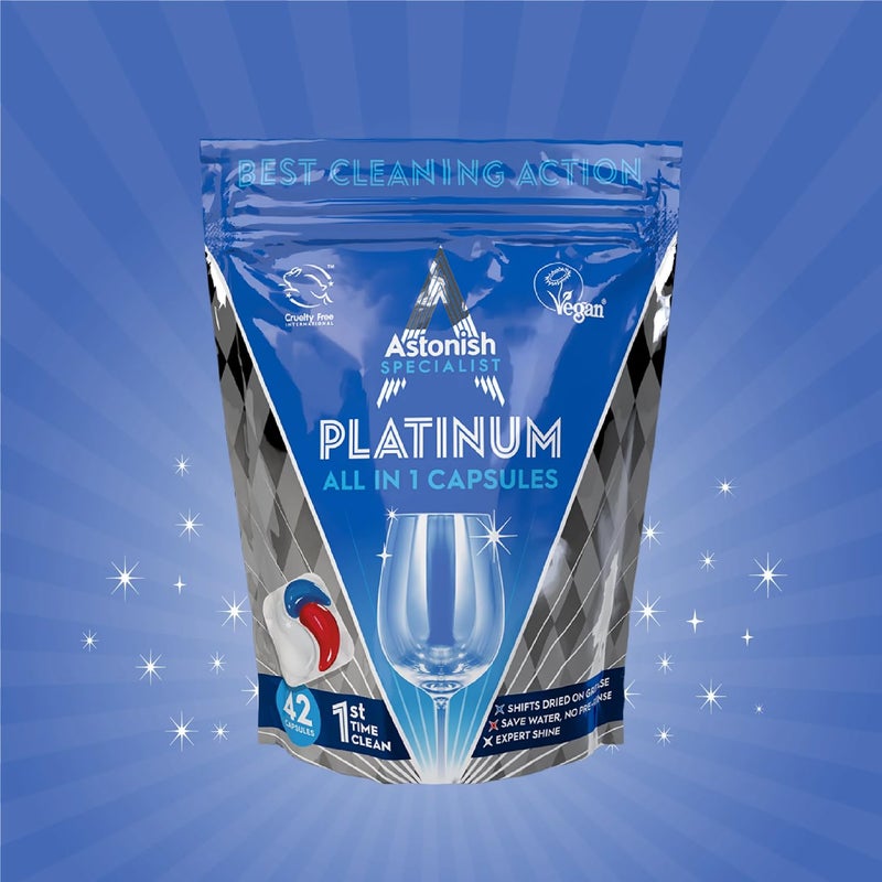 أستونيش كبسولات غسالة الأطباق Astonish Specialist Platinum الكل في 1 القوية للتنظيف - تتحول إلى دهون مجففة - بدون شطف مسبق - لمعان خبير - ملح مدمج ومساعد شطف - عطر الليمون - عبوة متعددة مكونة من قطعتين - Image 3