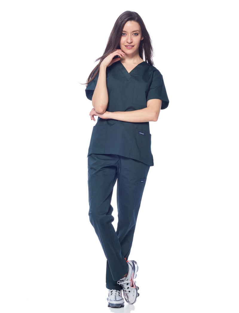 Dagacci Medical Uniform Womens and Mens Scrub Set Unisex Medical Scrub Shirt Top and Pant, Hunter Green, Small, Short Sleeve - Image 2