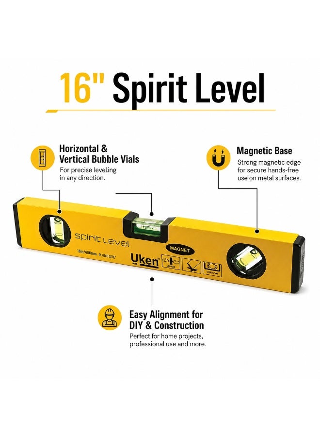 UKEN Spirit Level 16 Inch With Magnet, Magnetic Level Tool For Wall, Tile, Woodworking, Construction, Plumbing And DIY Measuring - Image 4