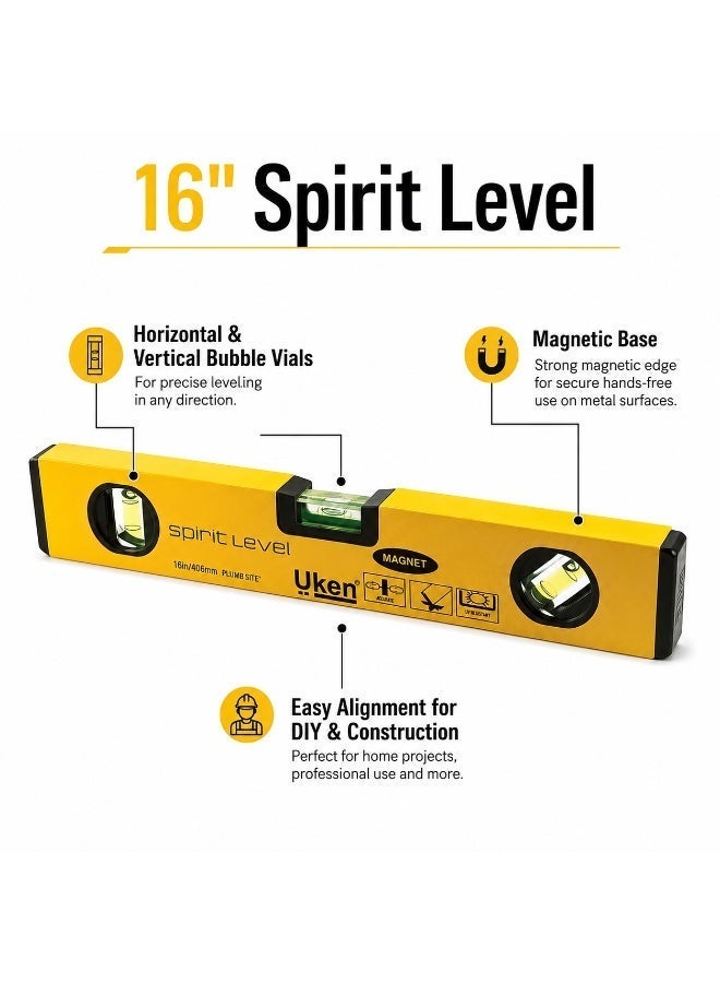 Uken 400mm Magnetic Spirit Level, 16 Inch Aluminum Box Level with 3 Bubble Vials, Horizontal Vertical & 45° Measuring Tool for Carpentry, Tiling, Shelving, Construction and DIY - Image 2