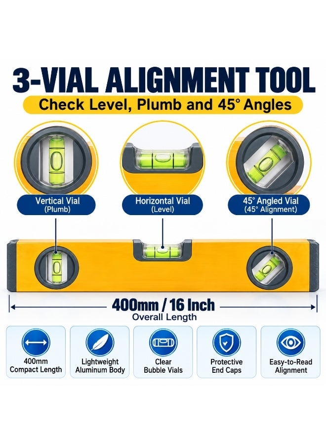 Uken 400mm Magnetic Spirit Level, 16 Inch Aluminum Box Level with 3 Bubble Vials, Horizontal Vertical & 45° Measuring Tool for Carpentry, Tiling, Shelving, Construction and DIY - Image 1