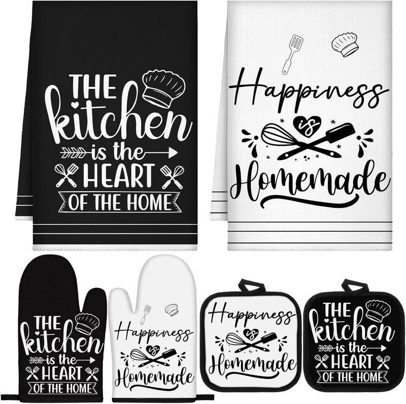 Sratte 6 Pcs Kitchen Decor Accessories Set Farmhouse Towels Pot Holders Oven Mitts Set 2 Dish Towels 2 Potholders 2 Cooking Mittens Oven Glove for Christmas Baking Cooking Supply(White,Kitchen) - Image 1