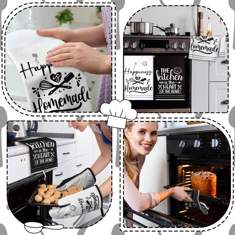 Sratte 6 Pcs Kitchen Decor Accessories Set Farmhouse Towels Pot Holders Oven Mitts Set 2 Dish Towels 2 Potholders 2 Cooking Mittens Oven Glove for Christmas Baking Cooking Supply(White,Kitchen) - Image 4