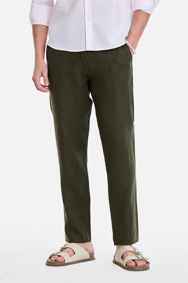 SNITCH Olive Solid Regular Fit Trousers