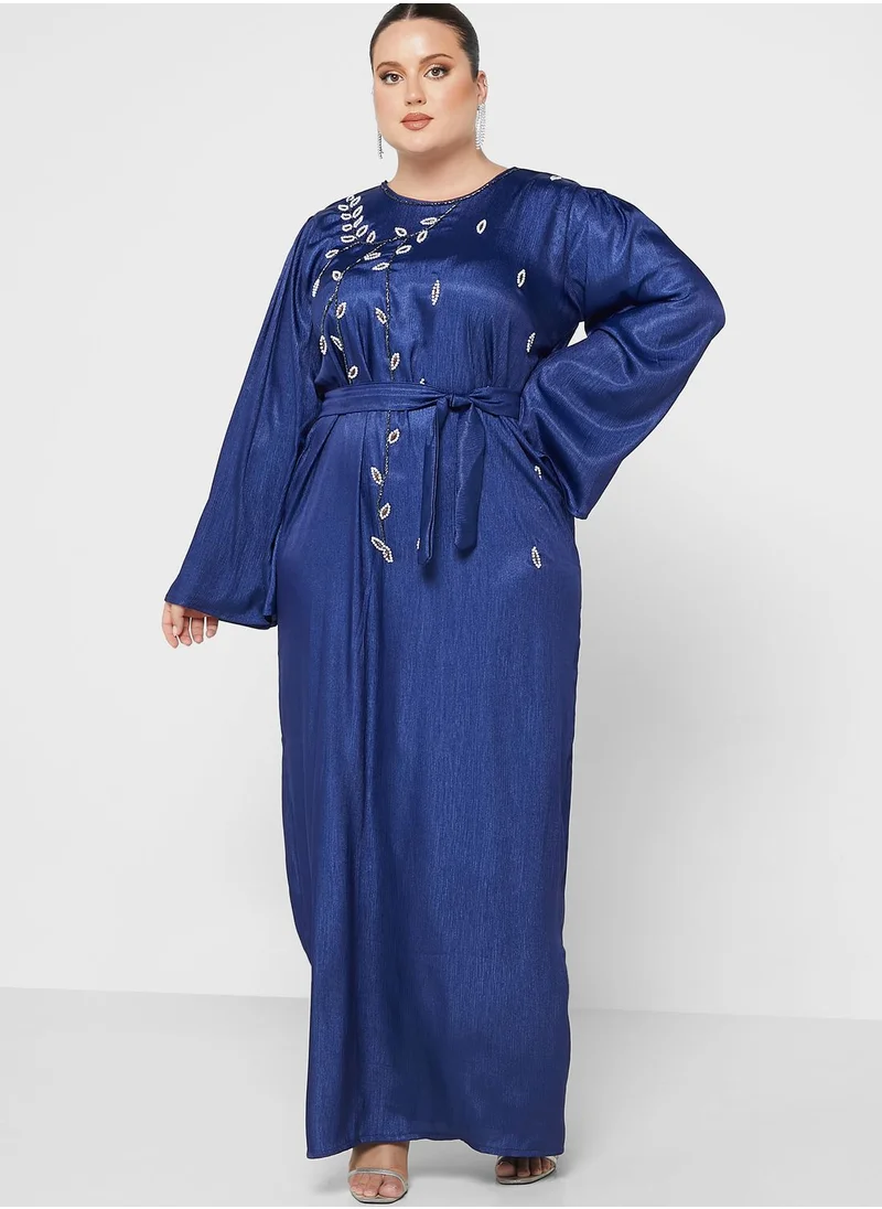 Hayas Closet Curve Embellished Belted Jalabiya