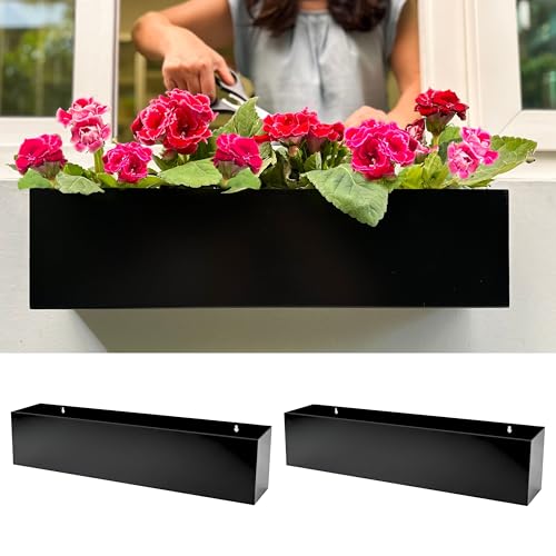 LáLáGreen LaLaGreen Wall Planter (24 Inch, 2 Pack) Rectangular Metal Hanging Flower Pot for Succulents Carbon Steel Black, Long Window Sill Box Modern Fence Floating Garden Shelf for Deck Indoor Outdoor Decor - Image 1