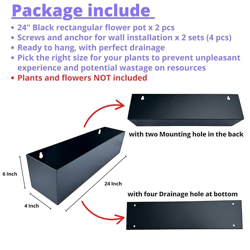 LáLáGreen LaLaGreen Wall Planter (24 Inch, 2 Pack) Rectangular Metal Hanging Flower Pot for Succulents Carbon Steel Black, Long Window Sill Box Modern Fence Floating Garden Shelf for Deck Indoor Outdoor Decor - Image 2