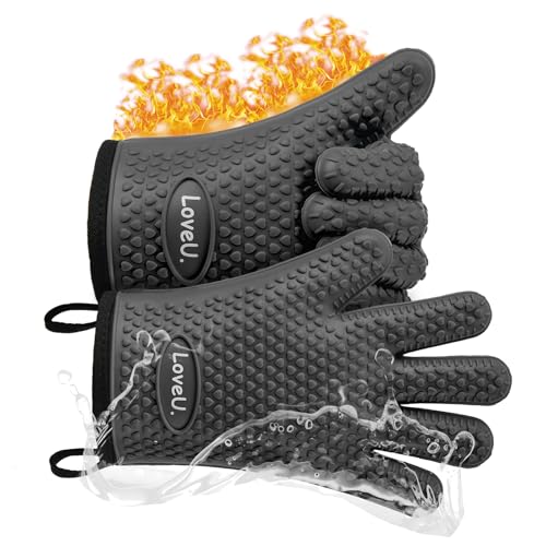Loveuing Kitchen Oven Gloves DualLayer Heat Resistant Grilling Gloves Silicone Oven Mitts with 5 Fingers Waterproof NonSlip Pot Holder for Barbecue Cooking Baking Black
