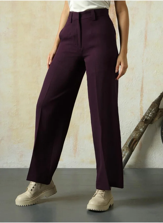 هاي ستار Solid High Rise Wide Leg Trousers