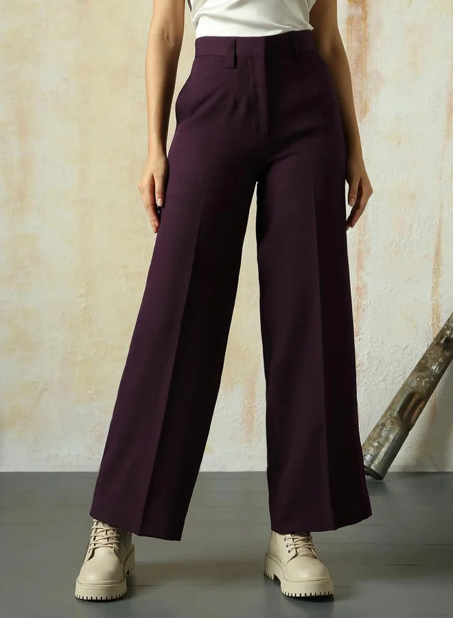هاي ستار Solid High Rise Wide Leg Trousers