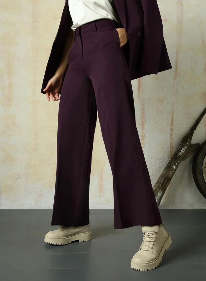 هاي ستار Solid High Rise Wide Leg Trousers