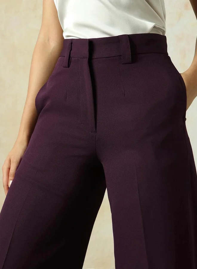هاي ستار Solid High Rise Wide Leg Trousers
