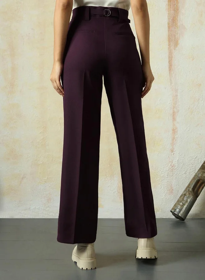هاي ستار Solid High Rise Wide Leg Trousers